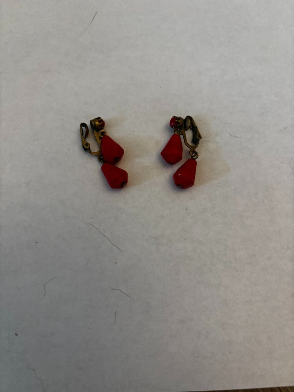 Clip on earrings gold tone double red lucite dangles
